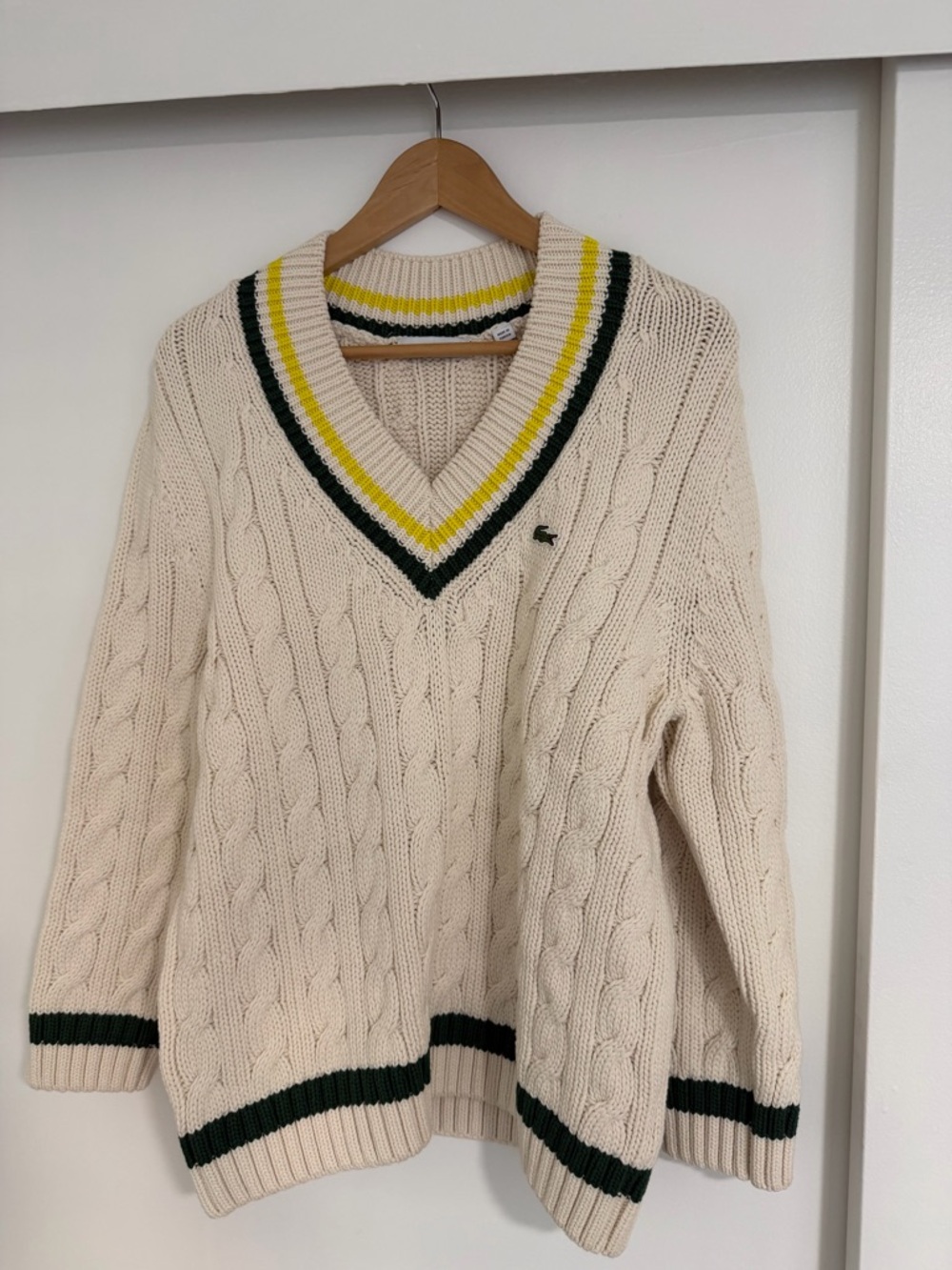 New Lacoste Cream Cable-Knit V-Neck Sweater with Green and Yellow Trim